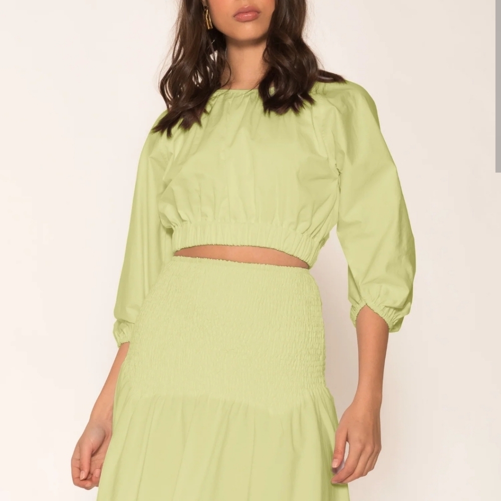 Aureta Studio Maia Womens Cotton ballon sleeve top in matcha green Size XS